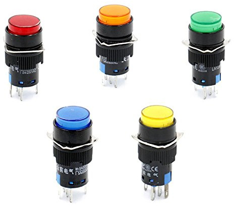 Woljay 16mm Druckschalter Schalter Druckknopf Round Kopf LED Lampe Rot Orange Grün Blau Gelb Licht DC 24V SPDT 5Pin 5 Stück