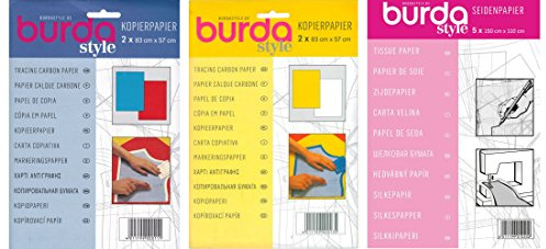 Burda Lot de 3 feuilles de papier carbone pour couture - 110 x 150 cm - Bleu et rouge - Jaune et blanc - 83 x 57 cm