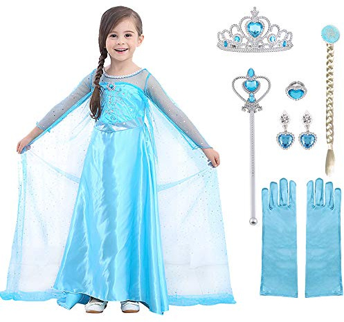 URAQT Vestito Principessa Bambina,Blu,Set Principessa con Accessori | Carnevale Abito delle Ragazze di Natale Vestito Fantasia, Fiocco di Neve per Natale, Halloween