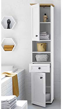 möbelando Hochschrank Badschrank Seitenschrank Badmöbel Handtuchschrank Bad Tomlin I Weiß/Artisan Eiche
