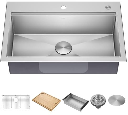 KRAUS Kore 32-Inch Drop In/Undermount Workstation 18 Gauge Single Bowl Stainless Steel Kitchen Sink with Accessories, KWT300-32