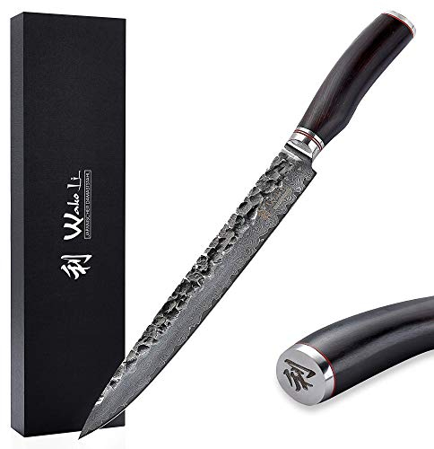 Wakoli EBO Fleischmesser 25 cm Klinge aus 67 Lagen VG10-Damaststahl, Härte 60 ± 2 HRC, Hammerschlag-Finish, ergonomischer Griff aus schwarzem Holz, Küchenmesser für Fleisch, Fisch & BBQ in Geschenkbox