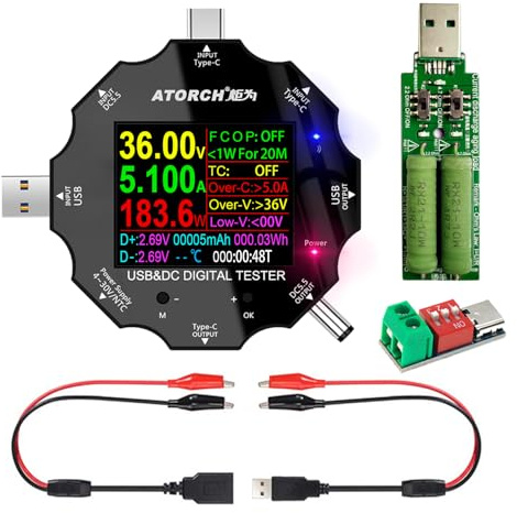 USB C Tester, 3 in 1 Type C DC5.5 USB Meter USB Load Color Screen IPS Digital Multimeter,Voltage,Current,Power,Resistance,Capacity Detector,with Clip Cable Support PD2.0/PD3.0,QC2.0/QC3.0
