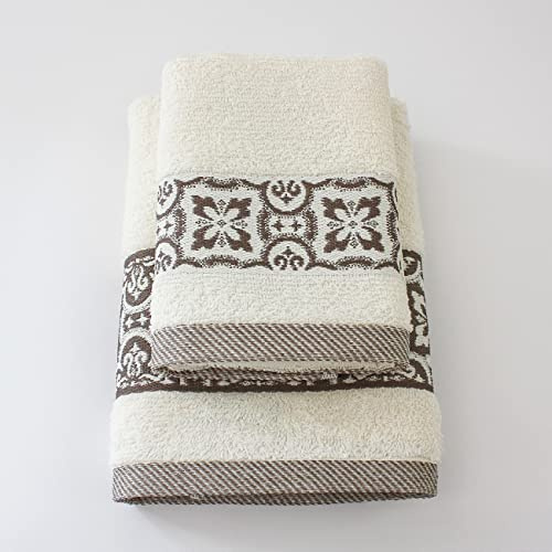 Jenny Sesal Set Asciugamani SUSY, con Balza in Jacquard, Set di due asciugamani da bagno Viso e Ospite PANNA Spugna di alta qualità proveniente da Portogallo.