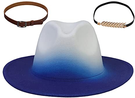 JK Home Fedora Hüte mit 2 abnehmbaren Gürtelschnallen, breite Krempe, Wollfilz, Panama-Hut, weich, warm, Jazz-Kappe für Unisex, Herren, Damen, Farbverlauf, Blau