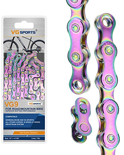 VG SPORTS 6/7/8/9/10/11 Speed Bike Chain,Half/Full Hollow Lightweight Bicycle Chain for Road Bike MTB, Rainbow, 116 Links with Missing Link