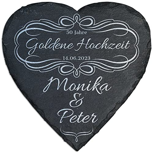 mtb more energy Personalisierbare Schiefertafel Herz ''50 Jahre Goldene Hochzeit'' - individuell anpassbar - 25x25 cm - Laser Gravur auf Schieferherz - Hochzeit Geschenk