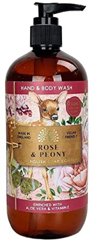 The English Soap Company Rose and Peony Hand and Body Wash - Vegan Friendly Anniversary Collection - Aloe Vera and Vitamin E, Luxurious Floral Scent, Recyclable Bottle, Made in England - 500ml