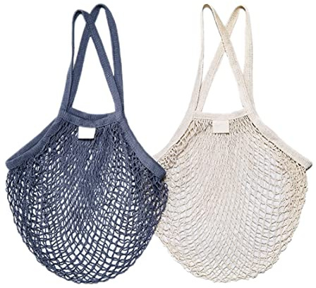 Netz-baumwollschnur-einkaufstasche Wiederverwendbare Einkaufsnetz-taschen Mesh-einkaufstasche Wiederverwendbare Mesh-einkaufstaschen Mit Langen Griffen Für Strandspielzeug(2 Stück Beige/grau)
