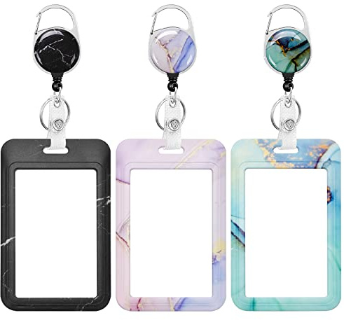 3 Pack Heavy Duty Badge Holder with Retractable Reel, ID Name Tag Worker Badge Carabiner Clip Vertical Card Protector Cover Case for Key Office Doctor Nurse Medical Student Teacher (3 PCS Marble)