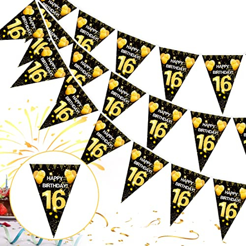 16. Geburtstag Girlande Banner - Schwarz Gold Wimpel für Mädchen Junge - Aufhängen Wimpelkette zum 16. Birthday