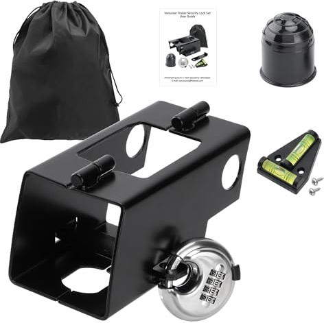 Venussar Anhängerschloss, Anhänger Schloss | mit Zahlenschloss, Abdeckkappe, Wasserwaage, Tasche | Anhänger Diebstahlschutz Schwarz