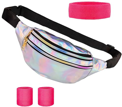 Conjunto Riñonera Plateada con Banda para el Cabello y Pulsera, Moda Riñonera Cuero PU, Riñonera Neón Impermeable, para Deportes, Correr y Viajes, Accesorio para Señoras, Mujeres y Niñas