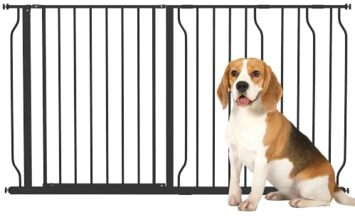 PawHut Dog Gate Wide Stair Gate with Door 76H x 75-145W cm Black | Pressure Fit Pets Barrier, for Doorway, Hallway, One-Hand Operate, Two Way Open
