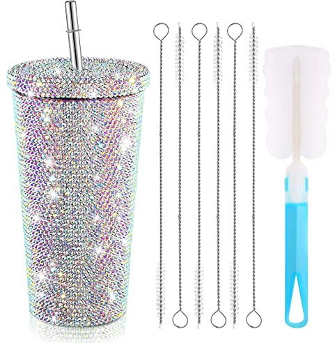 EHOTER Vaso de diamantes brillantes tachonados con purpurina, botella de agua con tapa, de acero inoxidable al vacío, vaso térmico con popote de diamantes de imitación con 1 cepillo para taza, 6