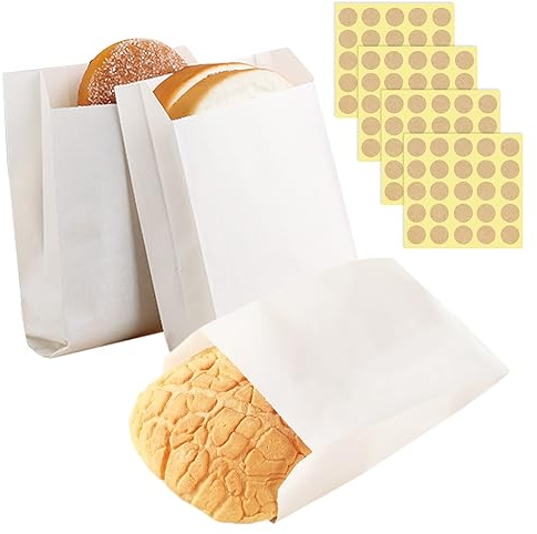 MEMOFYND Lot de 100 Sacs en Papier Résistant à la Graisse Avec 100 Autocollants Ronds, Auto-Soudants, Pour Emballage Alimentaire et Biscuits