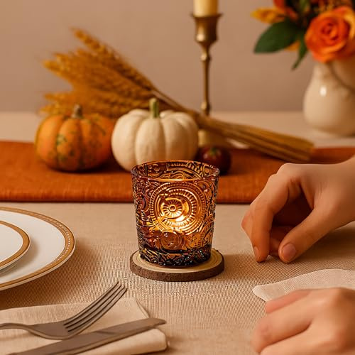 6 Pack Sun Moon Star Embossed Glass Tea Light Candle Holders - Votive Candle Holders for Wedding, Party, Home Decor, and Table Centerpieces (Chestnut Brown)