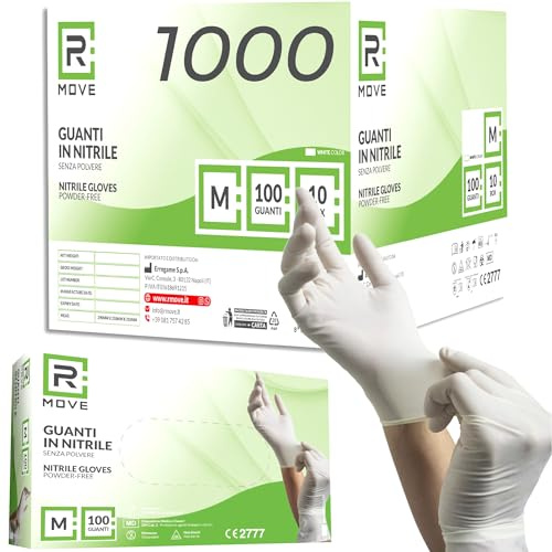 RMOVE 1000 Gants en nitrile blancs M sans poussière, sans latex, hypoallergéniques, 10 boîtes de 100 gants jetables pour esthéticiennes, tatoueurs, domaines médicaux
