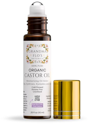 Pure Organic Castor Oil Roll On For Lips, Eyebrows, Under Eyes, Eyelashes and Cuticles - Easy, Less Mess Moisturizer Roller ball Cold Pressed, Hexane Free, Unrefined, Glass Bottle - Travel Size (10ml)