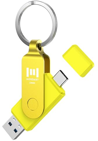 MOSDART ExFAT Clé USB 3.1 à Vitesse Rapide C et A Double Flash avec Porte-clés et indicateur LED pour iPhone 15, 16, 17, téléphone Android, iPad, MacBook et Autres Ordinateurs Portables Jaune 128 Go