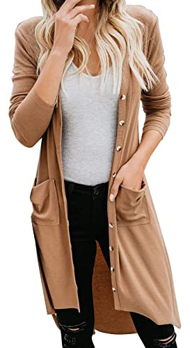 IQYU Cardigan long pour femme avec boutons - Cardigan mi-long avec poches - Cardigan fin en coton élégant - Veste d'été légère - Veste d'été mi-saison, marron, XL