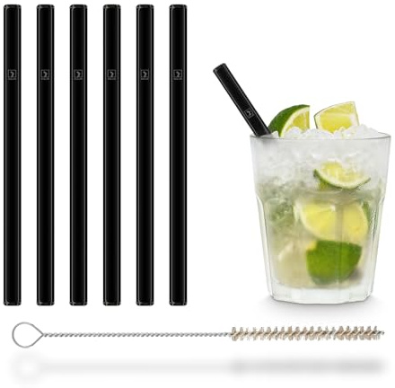 HALM Glas Sugrör svart kort - 6 stycken raka 15 cm - Glasrör Set Återanvändbar + plastfri Rengöringsborste - Glas-Drickrör för Cocktailglas
