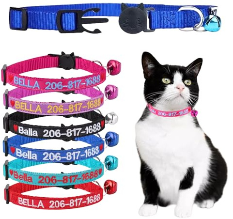 2 Pièces Collier de Chat personnalisé, Colliers de Chat nom/numéro brodés | Nylon doux, Collier ajustable pour chat, Collier d'identification brodé avec clochette pour chaton