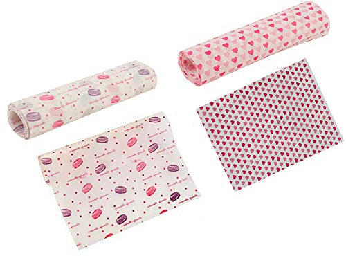 100 Sheets Wax Paper Food Wrapping Baking Wrapping Cake Wrappers Greaseproof Paper Waterproof Food Wrapping Liners Tissue Gift Wrapping Paper for Sandwich Cheese Fruit Bread (Pink Macaron & Love)