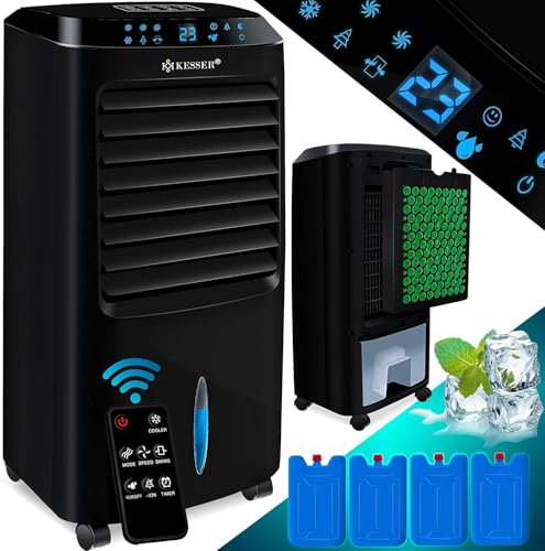 KESSER® 4in1 Mobile Klimaanlage | Fernbedienung | Klimagerät | Ventilator Klimaanlage | Timer | 3 Stufen | Ionisator Luftbefeuchter Luftkühler Standventilator |10L Tank, Inklusive Kühlakkus| Schwarz