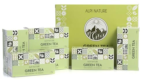 Alpi Nature Thé Vert, 120 Sachets de Thé Vert, 180g (6 Boîtes de 20 Sachets de 1.5g), Naturellement Caféiné