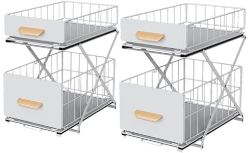 Almacenamiento bajo fregadero, organizador bajo fregadero cajón deslizante de extracción de acero carbono de doble capa, instalación para montar y estable, negro blanco L37,4 cm x W28 cm x 44 cm (2,