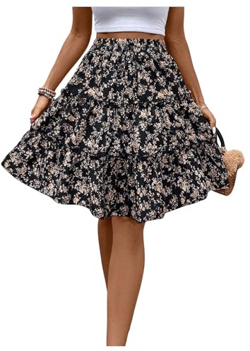 GORGLITTER Damen Boho Leicht Sommerrock Urlaub Blumen Rock Knielang Sommer Röcke Kurz Casualrock Freizeitrock A Linie Strandrock Schwarz XL