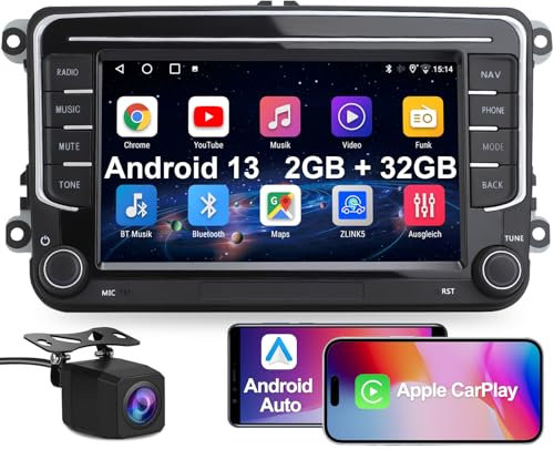 TOUTBIEN Android Autoradio mit Rückfahrkamera für VW Golf, Passat, Seat, Touran, Skoda, 2 DIN Car Radio, Wireless CarPlay & Android Auto, 2GB+32GB Speicher, Physischer Lautstärkeregler, EQ, MirrorLink