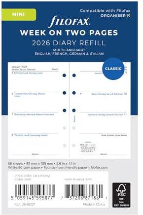 Filofax Mini Woche auf zwei Seiten 4-sprachig 2026 Terminplaner 26-68127