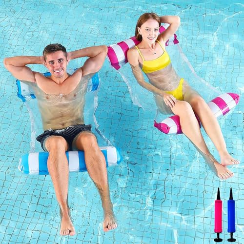 2 Pack Inflatable Pool Floats Hammock, 4-in-1 Multi-Purpose Inflatable Hammock, Pool Toys Water Hammocks, Swimming Pools, Water Lounge Party Toys with 2Pcs Manual Air Pump (Blue, Pink)