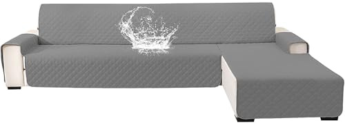 YSTELLAA 100% Wasserdicht Couch Überzug L Form 3 Sitzer, Sofa Cover L Shape Reversibel Universal, Gesteppte Sofa Überzug Ecksofa rutschfest, Couch Bezug Ecksofa Ratzfest Waschbar, Hellgrau