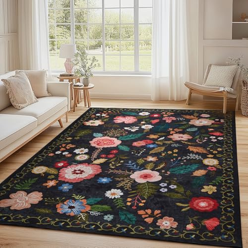 Wohnzimmerteppich Vintage Blumenmuster 6mm Ultradünn, 160x220cm, Schwarz | Waschbarer Teppich, Rutschfest, Weiche, Groß Teppiche für Wohnzimmer Schlafzimmer Bauernhaus Esszimmer und Kinderzimer