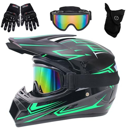 Caschi da Motocross Per Ragazzi E Bambini Dai 5 Ai 14 Anni, con Guanti, Occhiali E Maschera, Per Moto da Cross, Downhill, Fuoristrada, Mountain Bike, Quattro Ruote(Green Shadow,S(52-53cm))