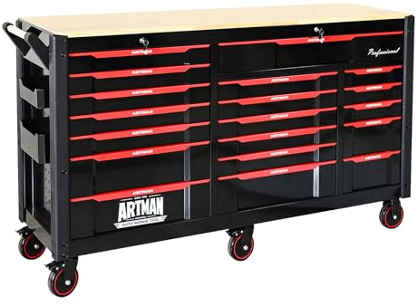 66 Rolling Tool Chest with 19 Drawers Large Mobile Workbench Heavy Duty Tool Cart on Wheels Work Bench Mechanic Toolbox Lockable Storage Cabinet for Garage, Workshop, Warehouse, Laboratory, Wood Top