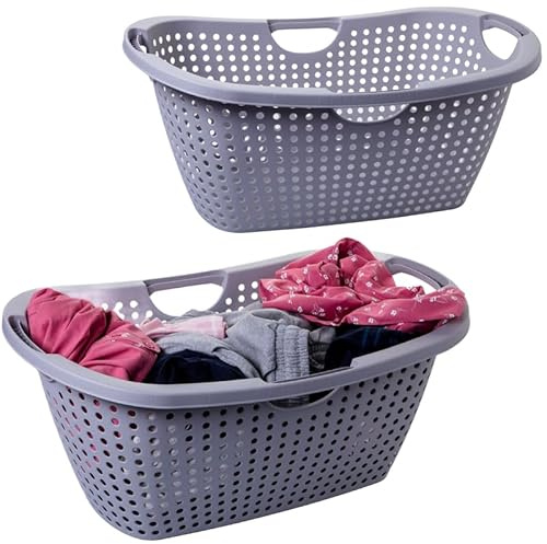 Sustania Lot de 2 paniers à linge, 60 x 40 x 26 cm, gris, avec poignées et trous d'aération, en plastique, pour la maison, fabriqué dans l'UE