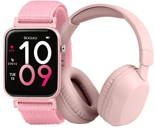 Tikkers Smart Series 13 TKS13-0034-SET Montre intelligente avec écouteurs et bracelet en tissu facile à détacher Rose