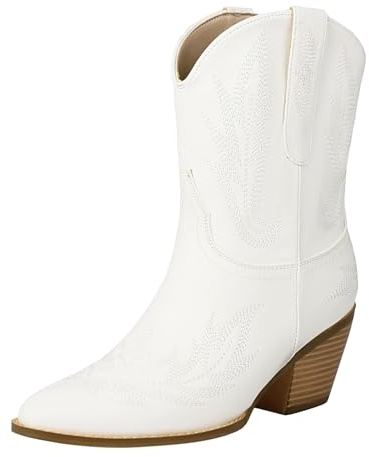 Scarpe da donna stivaletti western e biker, stivali da donna medievali, con tacco alla caviglia, impermeabili, retrò, comodi e classici, in pelle, eleganti, bianco, 37 EU