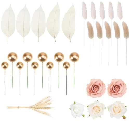 Lot de 35 décorations de gâteau bohème avec pétales de rose artificielles, feuilles de magnolia et herbes séchées pour mariages et fêtes d'anniversaire