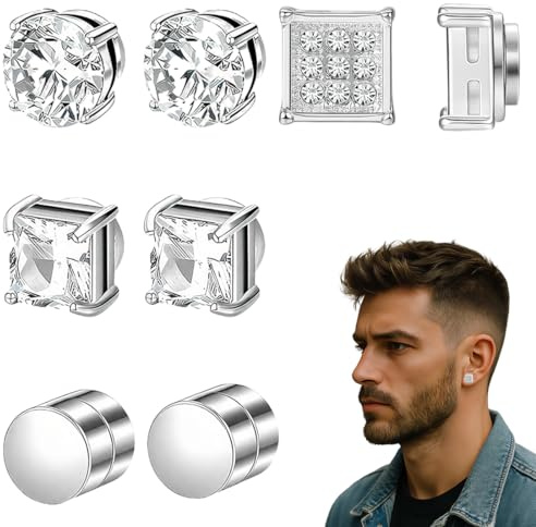 XPEX 4 pares Pendientes magnéticos para hombre, unisex, redondos/cuadrados/con 9 diamantes redondos (color acero, 6 mm)
