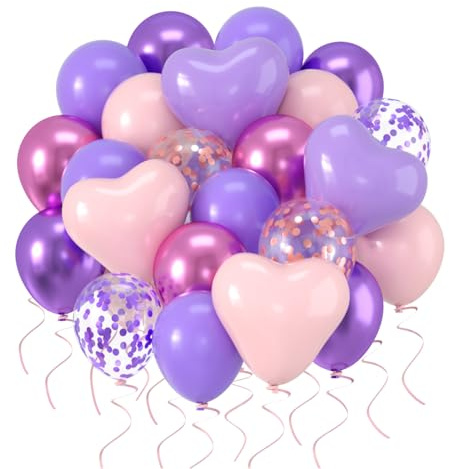 Luftballons Herz Hochzeit 60 Stück 12 zoll Luftballons Lila Rosa Herz Latex Ballons Goldene Metallic Konfetti Ballons für Geburtstag Verlobung Abschlussball Party Deko