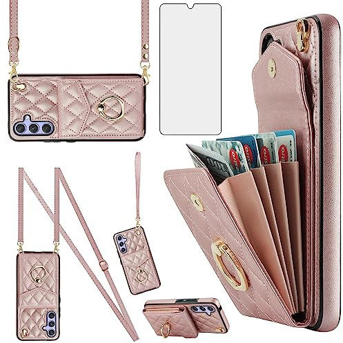 Asuwish Phone Case for Samsung Galaxy S25 FE 5G Wallet Cell Cover with Tempered Glass Screen Protector Crossbody Wrist Strap Ring RFID Blocking Card Holder S 25 EF S25FE 25S 25FE Women Girls Rose Gold