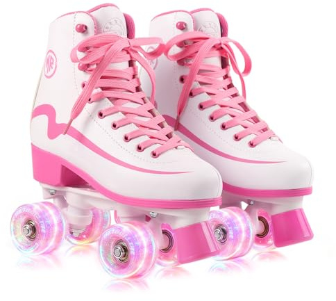 METROLLER Classic Roller Skates Girls Ages 8-12 Women's Quad Skates with Light up Wheels, High-top PU Leather Indoor Recreational Skates
