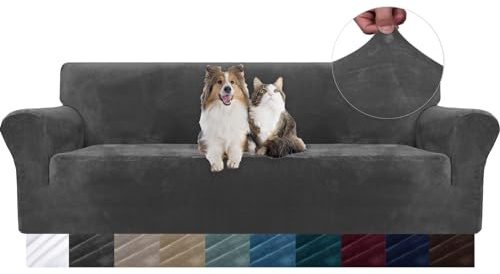 YSTELLAA Samt Sofa Überzug 4 Sitzer, Stretch Sofahusse Universal, Sofaschoner rutschfest, Sofa Covers Mit Armlehne, Couch Bezug Schutz Katze, Waschbare Couchschoner, Grau