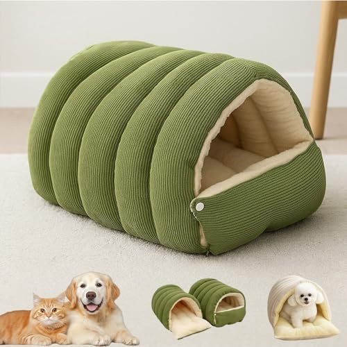 Neues, abnehmbares und waschbares Katzenbett for den Winter 2026, Katzenhöhlen-Design, süßes Haustiernest, warmes, weiches Katzenzelt, faltbares, dickes Hunde-Schlafhaus(Green,M(Cat-7.5Kg/Dog-5Kg))