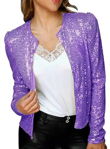 Generisch Hauts à paillettes pour femme - Haut à paillettes - Cardigan à manches longues - Costume de club de nuit - Tenue de carnaval - Blazer ouvert - Veste d'hiver métallique - Couleur unie, lilas